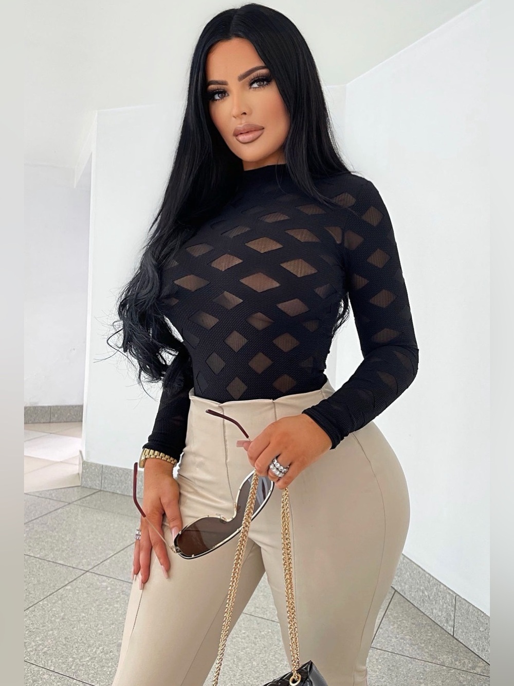 Fashion Nova Black Sheer Diamond-Pattern Long Sleeve Top